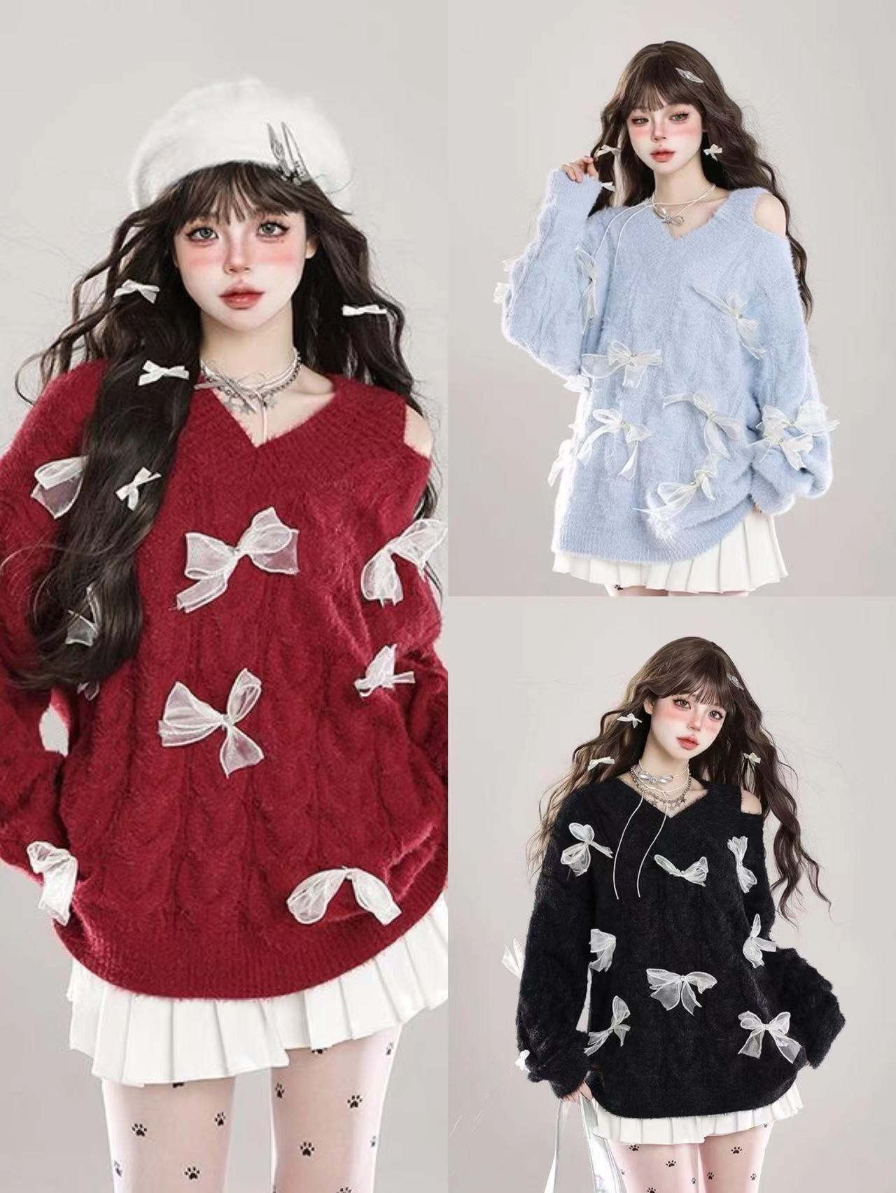 나비 매듭 오프숄더 V넥 스웨터 여자 가을 겨울 착용 가져 가라. 디자인 센스 느긋한 바람 chic 달콤한 매운맛 루즈핏 니트 맨위