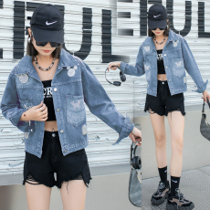 批发大量实拍春秋款新款韩版钉珠宽松短款牛仔外套女ins牛仔衣褂