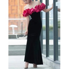 批发<b class='q'>一字肩</b>黑色鱼尾晚礼服丝绒高端订婚晚礼服主持人年会宴会连衣裙冬