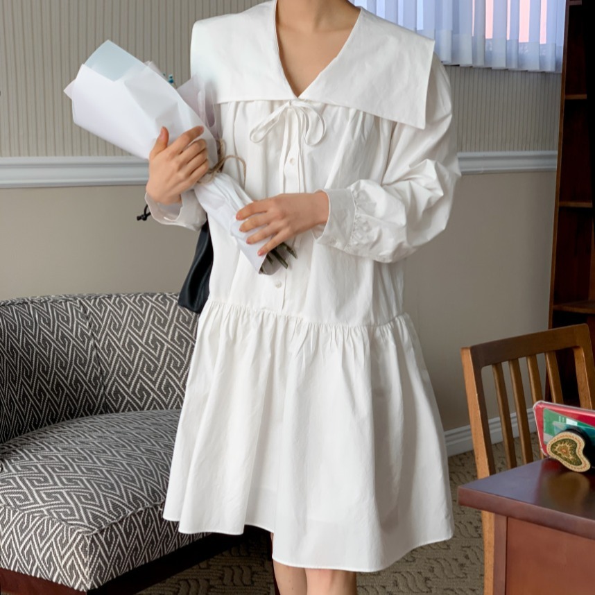 한국 chic 가을 새로운 작은 대중 연령 감소 패션 해군 칼라 레이스업 거품 소매 루즈핏 드레스