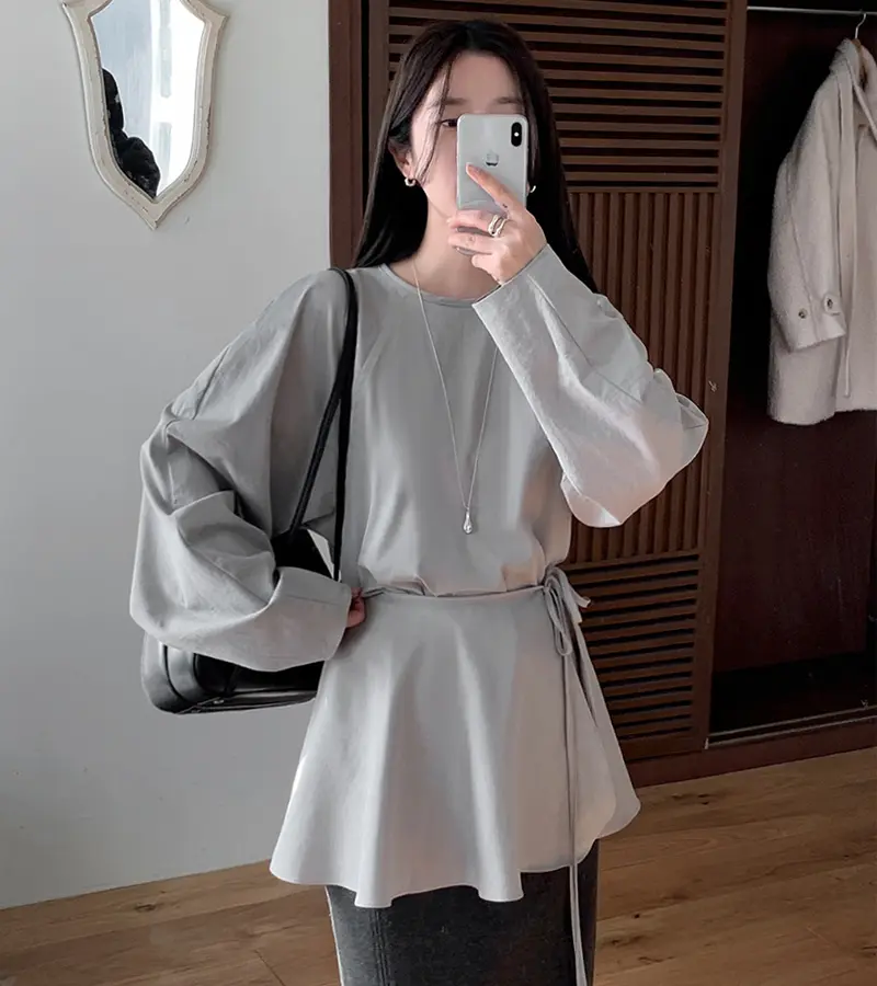 한국식 루즈핏 라운드넥 상의+리본 조절형 앞치마 세트 상세 이미지 2