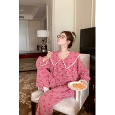 批发实拍实价 新款红格子新年款纯<b class='q'>棉</b>花边拼接家居服套装