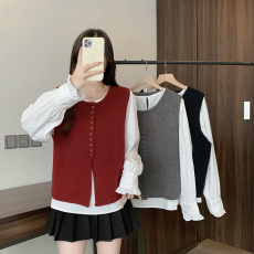 批发实价<b class='q'>实拍</b>2026春装新款胖mm<b class='q'>大码</b>女优雅针织马甲喇叭袖衬衫两件套