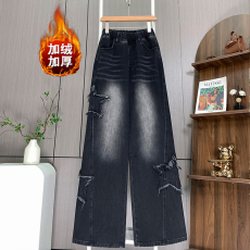 批发实拍 加绒牛仔长裤星星宽松紧高腰直筒拖地显瘦<b class='q'>加肥</b>大码<b class='q'>女装</b>230斤