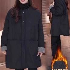 批发高端韩系大码羊羔毛无领夹棉棉服<b class='q'>女士</b>中长款胖mm加绒圆领棉衣外套