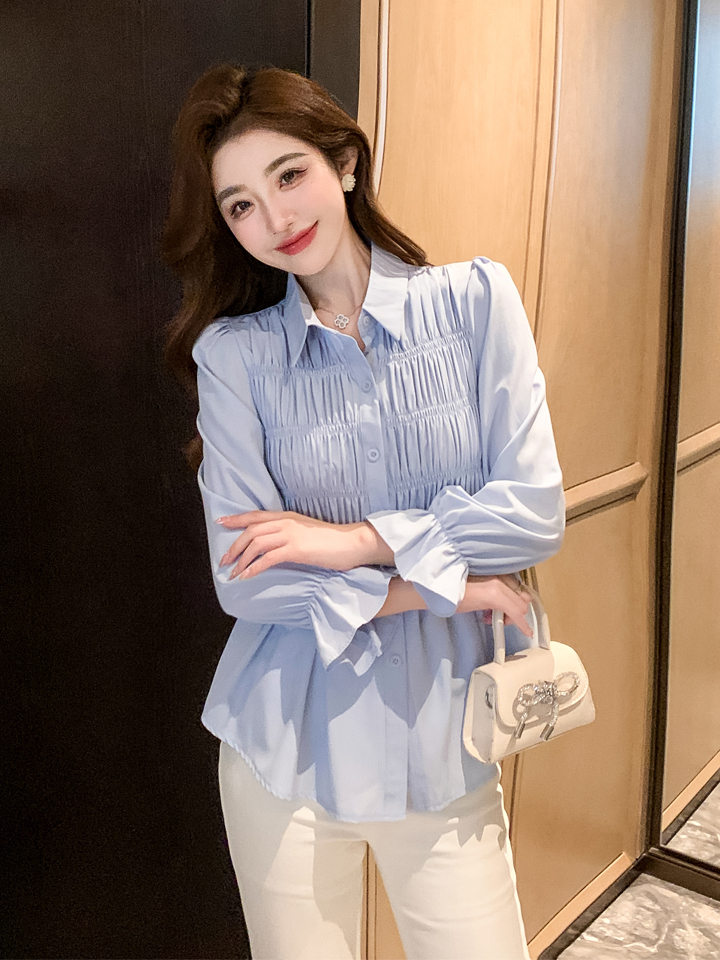 PF29840#新款韩版时尚收腰褶皱衬衫长袖百搭衬衣设计感小衫女裝貨源服裝批發