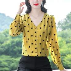 批发春季新款V领波点长袖雪纺衫女上衣宽松百搭<b class='q'>衬衣</b>漂亮时尚小衫