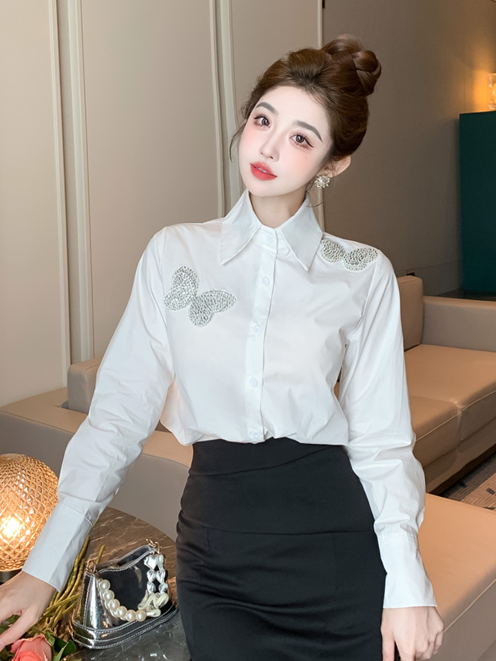 PF29838#新款欧货立体烫钻蝴蝶结白色衬衫设计感气质上衣女裝貨源服裝批發