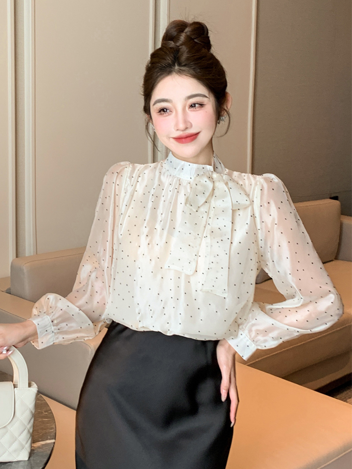 PF29839#新款韩版法式甜美波点衬衫女蝴蝶结飘带雪纺衫上衣女裝貨源服裝批發
