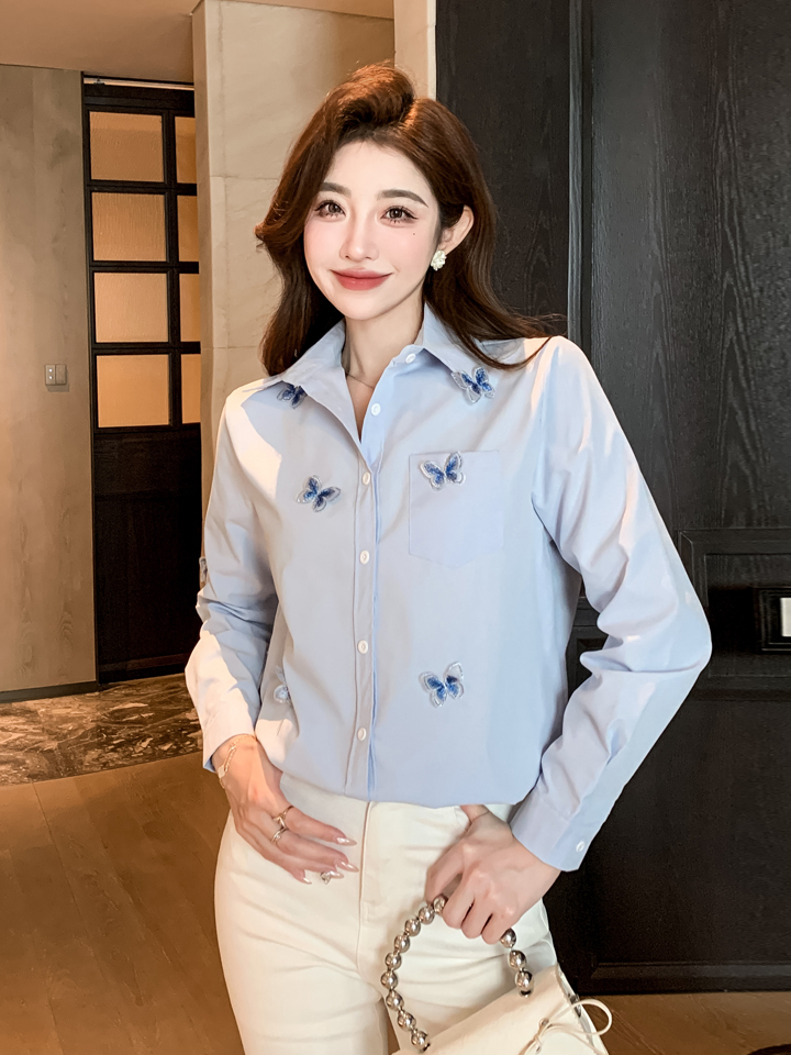 PF29836#立体蝴蝶长袖衬衫女韩版宽松休闲衬衣小众港风上衣女裝貨源服裝批發