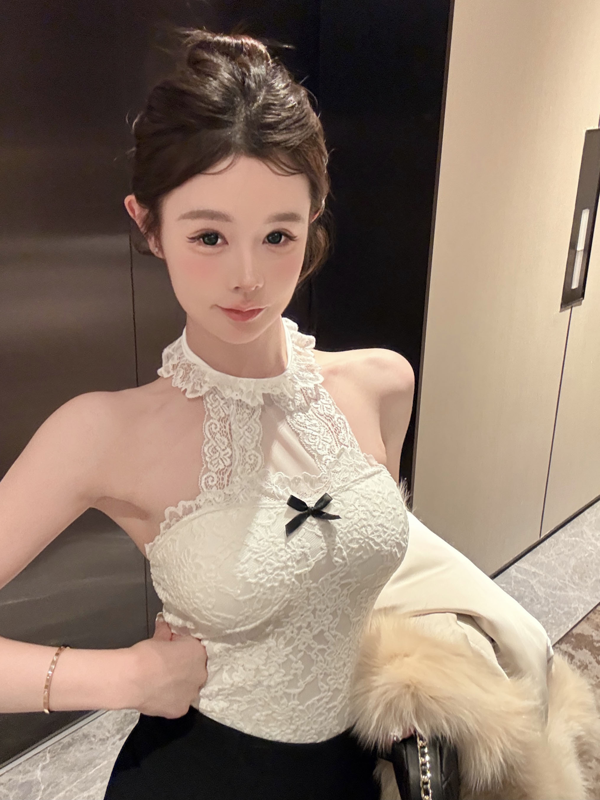 정가 실사 나비 매듭 프릴 레이스 행침 목 캐미솔 기본 셔츠 핫걸 맨위 여성