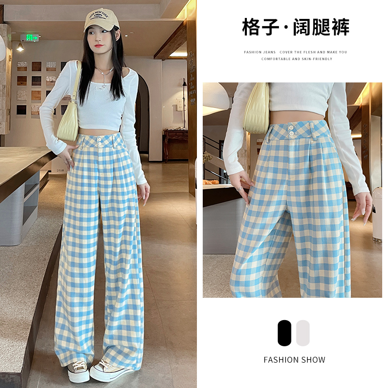 PF29950#新款蓝格子高腰阔腿裤修身显瘦窄版直筒裤女裝貨源服裝批發