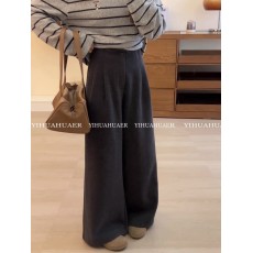 批发松弛慵懒风复古高腰毛呢休闲裤女冬季气质宽松百搭阔腿裤直筒<b class='q'>长裤</b>