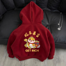 批发秋冬装新款加绒字母印花男女儿童装连帽开衫红色卫衣外套宽松潮牌