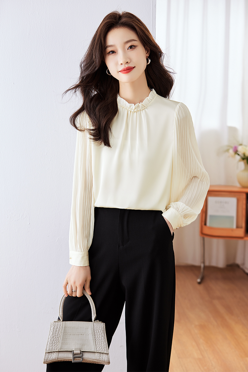 실사 미니멀리즘 우아함 품격 쉬폰 셔츠 궁정 바람 스탠드 칼라 프랑스식 레트로 세련된 패치워크 비즈 박기 여성 셔츠
