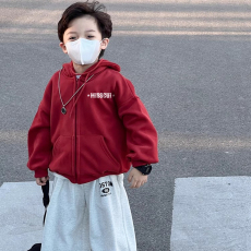 批发国潮牌美式复古红色连帽卫衣<b class='q'>男童</b>宽松<b class='q'>中</b>小儿童慵懒风加绒加厚外套