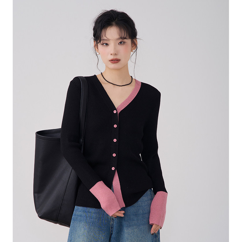 따뜻한 일찍 디자인 센스 프랑스식 패치워크 색상 V넥 니트 스웨터 여성 봄 가을 슬림해 보이는 다용도 인사이드 가져 가라. 싱글 줄 버튼 맨위