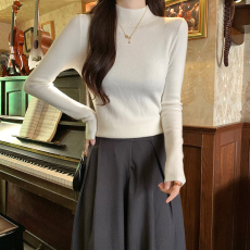 批发包芯纱长袖<b class='q'>t</b><b class='q'>恤</b>女装潮纯色2025新款秋冬短款修身打底衫半高领上衣