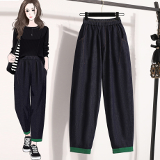 批发实拍春新款高腰<b class='q'>弹力</b>宽松大码哈伦牛仔女裤胖MM欧版显瘦九分老爹裤