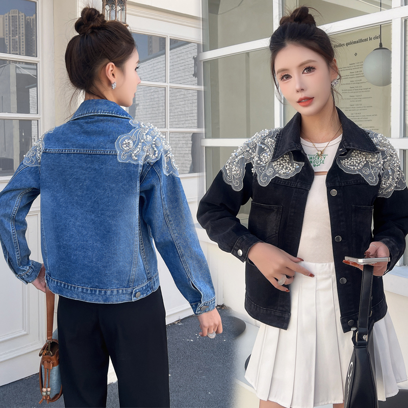 PF29888#牛仔外套女春秋新款宽松牛仔衣韩版小个子短款钉珍珠港味女裝貨源服裝批發