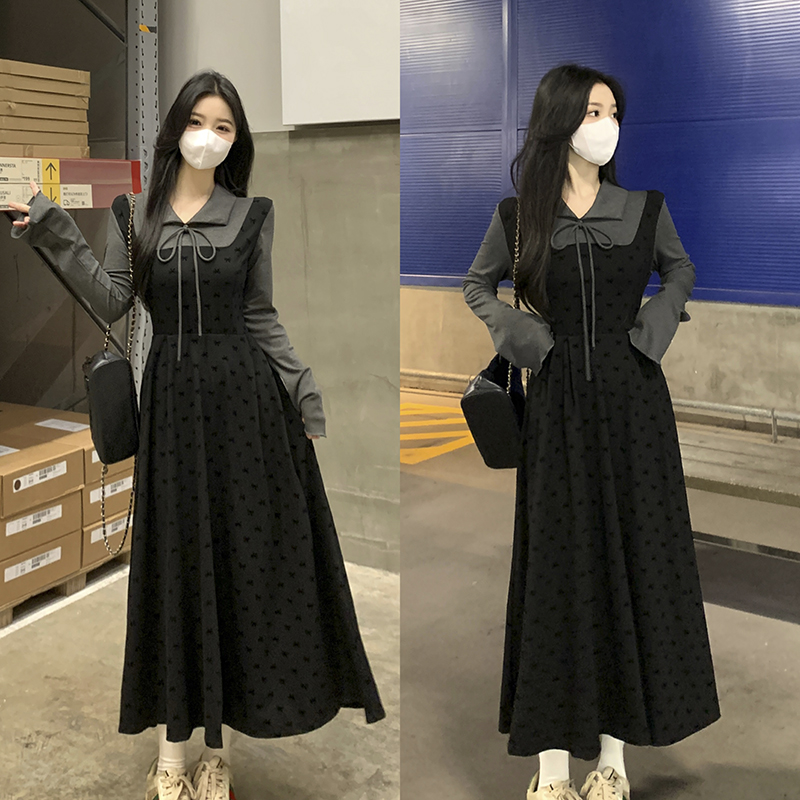 가을 겨울 빅 사이즈 여성 의류 페이크 레이어드 나비 프린트 인사이드 가져 가라. 바늘 여성 드레스 새로운 그는 벤 바람 슬림해 보이는 롱 스커트