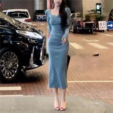 批发韩国外贸<b class='q'>气质</b><b class='q'>连衣裙</b>子皱褶包臀显瘦长裙蓝色内搭打底新款女装
