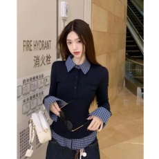 批发280克德绒螺纹polo领假两件打底衫女设计感时尚修身上衣