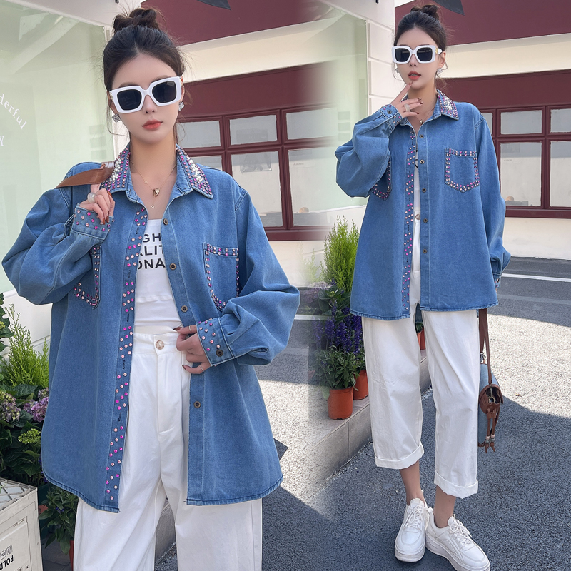 PF29886#复古小众流行牛仔衬衫女韩版设计感叠穿衬衣BF炸街薄外套女裝貨源服裝批發