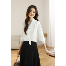 批发实拍2026缎面白色<b class='q'>衬衫</b>女士长袖秋装通勤职业<b class='q'>衬衣</b>气质飘带上衣