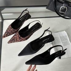 批发2025年春新款豹纹一字带尖头猫跟气质性感单鞋包头凉鞋