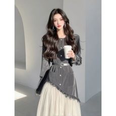 批发法式高级感漂亮独特气质名媛<b class='q'>高端</b>小香风灰色拼接灯芯绒<b class='q'>连衣裙</b>子女