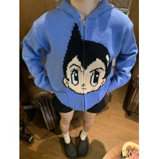 批发铁臂阿童木韩系氛围感连帽<b class='q'>针织</b><b class='q'>开衫</b>男女春秋百搭慵懒宽松毛衣外套