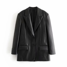 批发中长款皮衣西装外套女春秋季新款宽松潮流百搭休闲机车西服外套潮