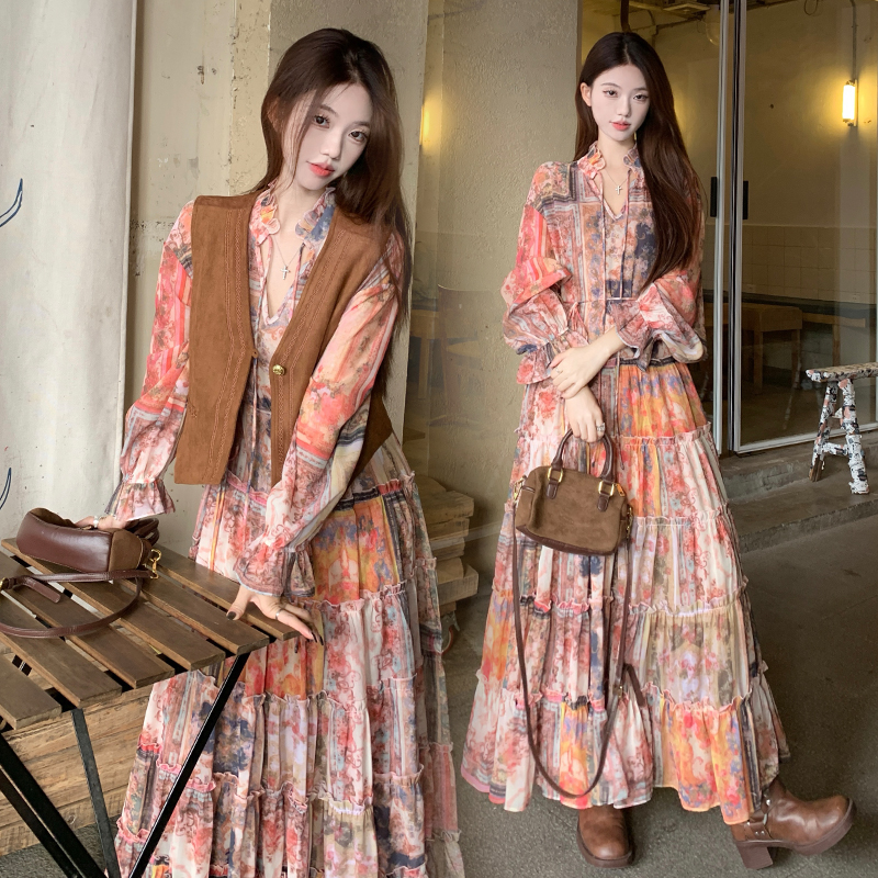 실사 레트로 마 오래된 프린트 드레스 무거운 8 쌀 특대 사이즈 치마 케이크 드레스 품격 빅 사이즈 롱 스커트 2026