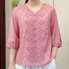 批发高档夏季2065新中式复古刺绣棉麻v领半袖T恤大码时尚休闲宽松大码