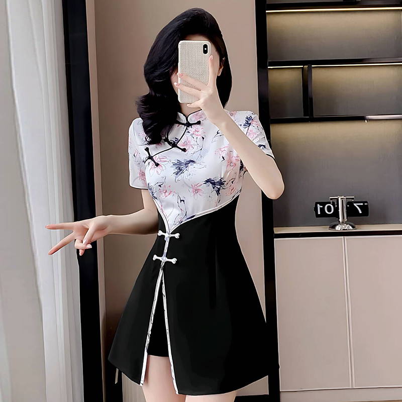 PF29971# 新款新中式水墨画改良旗袍连衣裙+短裤两件套套装女裝貨源服裝批發