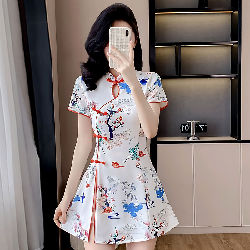 PF29969# 新中式洋气印花时尚新款扣盘上衣短裤气质两件套女裝貨源服裝批發