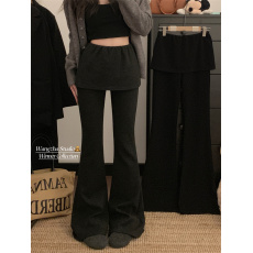 实拍实价  秋冬微喇屁帘假两件休闲裤松紧腰显瘦垂感羊绒喇叭裤