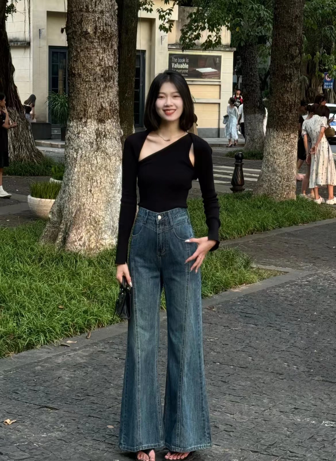 새로운 명시적 스티치 디자인 노스탤지어 블루 워싱 청바지 슬림해 보이는 하이웨이스트 다용도 부츠컷 긴 바지