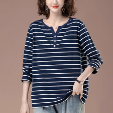 批发官图条纹打底衫女春秋新款加<b class='q'>大码</b><b class='q'>女装</b>宽松纯棉V领显瘦长袖t恤女