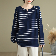 批发实拍春秋新款加<b class='q'>大码</b><b class='q'>女装</b>条纹打底衫女宽松纯棉V领显瘦长袖t恤