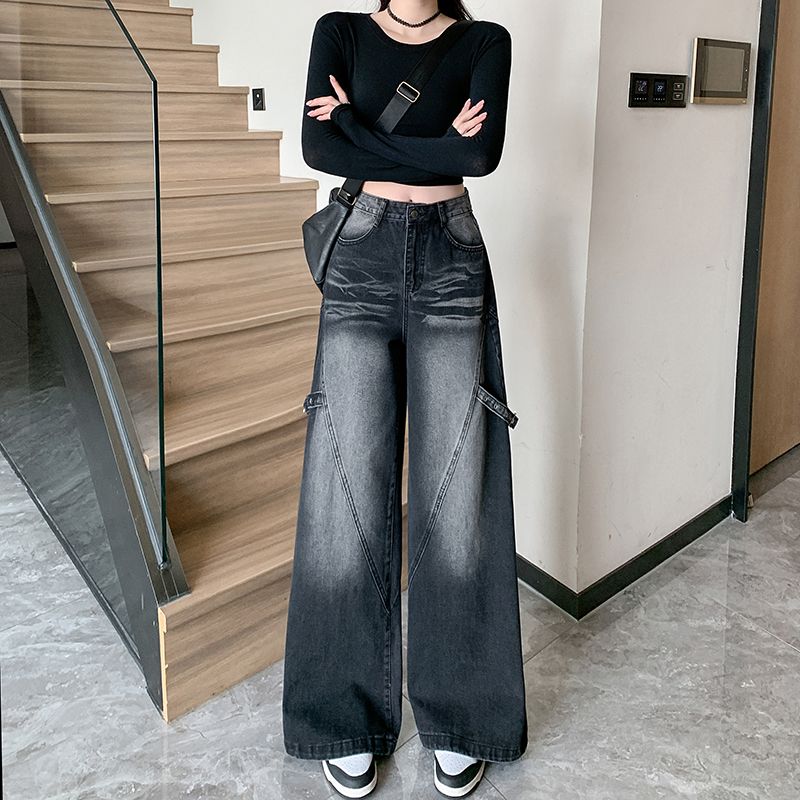 PF30009# 黑色设计感阔腿牛仔裤女新款宽松高腰梨型身材牛仔裤子女裝貨源服裝批發