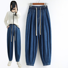 批发实拍纯棉深蓝色<b class='q'>牛仔</b>老爹裤女欧货高腰宽松显瘦萝卜裤百搭<b class='q'>哈伦</b>裤潮
