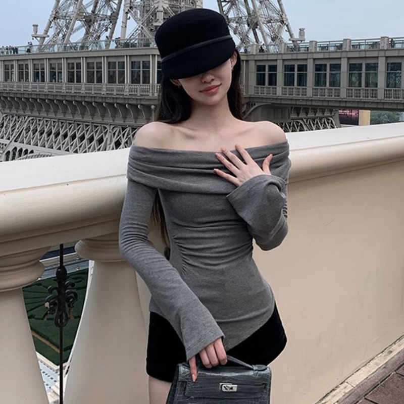 抖音质量 时尚新品不规则一字肩长袖T恤打底衫女修身辣妹显瘦上衣