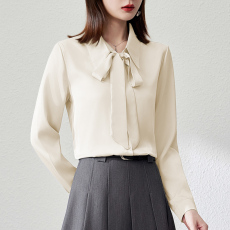 实拍高级感缎面衬衫女春秋2026新款光泽华丽蝴蝶结飘带领长袖衬衣