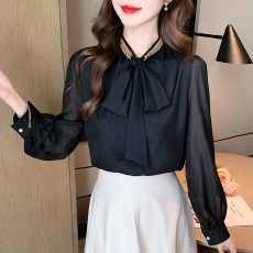 批发实拍2026春季立领重工亮片蝴蝶结飘带<b class='q'>衬衫</b>女通勤OL气质上衣