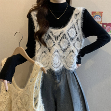 批发实拍实价 新款独特漂亮V领水貂毛不规则叠穿背心上衣+纯色打底