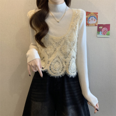 批发实拍实价 新款独特漂亮V领水貂毛不规则叠穿背心上衣+纯色打底