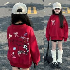 批发<b class='q'>女童</b>加<b class='q'>绒</b>卫衣红色本命年秋冬装2025新款中大儿童一体绒<b class='q'>打底衫</b>年服