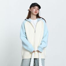 批发实拍撞色拼接拉链翻领潮牌<b class='q'>日系</b><b class='q'>复古</b>宽松休闲小众针织毛衣外套上衣